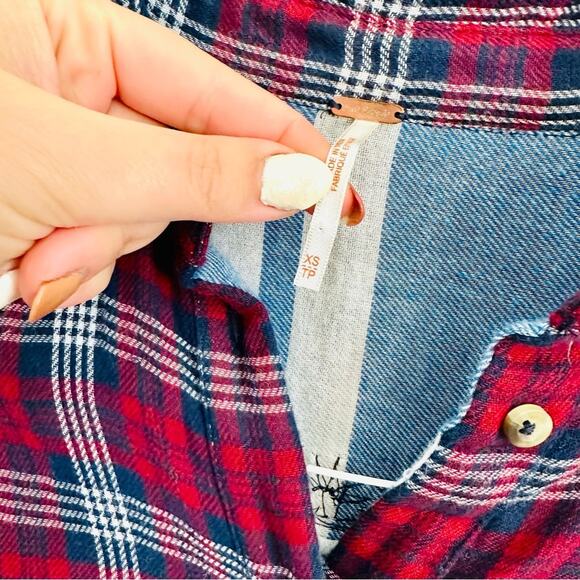 FP FREE PEOPLE Silver Sequin Bead Oversized Red Flannel Plaid Button Shirt XS - Picture 10 of 16